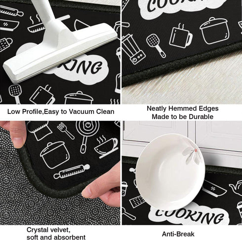 Fuoxowk Cooking Theme Kitchen Mat and Rug Set-Kitchen Rugs and Mats Non Skid Washable,Floor Cushion Waterproof Rug,Rubber Backed Area Rugs for Kitchen Sink,Laundry Room,Indoor Floor,Black&White