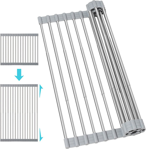 SPLF Adjustable Roll Up Dish Drying Rack, Collapsible Over The Sink Dish Drying Rack Kitchen Rolling Dish Drainer, Portable Silicone and Stainless Steel Rolling Rack for Kitchen Sink Counter