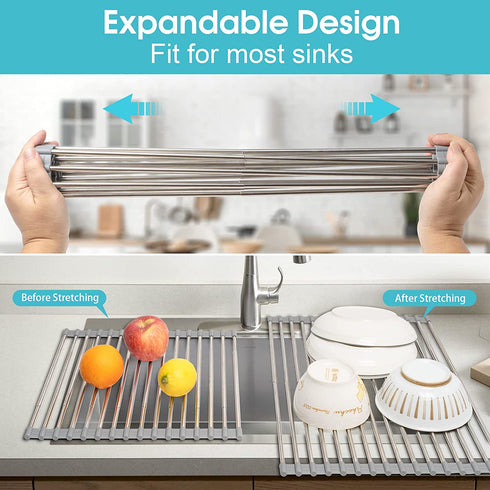 SPLF Adjustable Roll Up Dish Drying Rack, Collapsible Over The Sink Dish Drying Rack Kitchen Rolling Dish Drainer, Portable Silicone and Stainless Steel Rolling Rack for Kitchen Sink Counter
