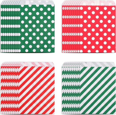 Kolewo4ever 100 pieces Christmas Treat Bags Christmas Goodies Bags, Kraft Holiday Gift Bags Red Green Candy Buffet Paper Bags Xmas Holiday Party Favor Goody Bags