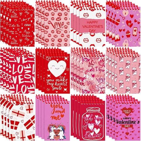 Elcoho 48 Pieces Mini Valentine Day Notepads Spiral Notepads Paper Notepads in 12 Designs for School Valentines Day Party Favors, 3.50 x 2.24 Inch