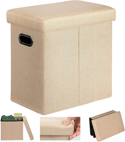 COSYLAND Ottoman with Storage Slim Folding Ottoman Footrest Foot Stool Ottoman for Room Small Tall Collapsible Fabric Ottoman Furniture with Lid Handles Toy Chest Linen Beige 16.5x16.5x10.6in