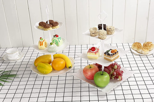 2 Set 3-Tier White Dessert Cake Stand, Plastic Pastry Stand Small Cupcake Stand Cookie Tray Rack Candy Buffet Set Up Fruit Plate and Trays for Wedding Home Birthday Party Decor Serving Platter