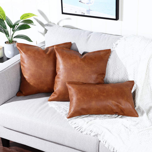 YAERTUN Set of 2 Faux Leather Decorative Throw Pillow Covers Modern Solid Outdoor Cushion Cases Luxury Pillowcases for Couch Sofa Bed 16x16 Inches Brown