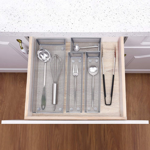 Kitchen Drawer Organizer, 4 Separate Compartments Mesh Silverware Organizer, Utensil Storage Organizer Flatware Silverware Tray with Anti-Slip Mats