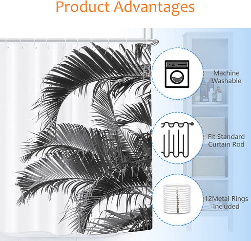 GETTOGET Black Tree Beautiful Palms Leaf on White Shadow Silhouette Tropical Beach Caribbean Light Line Shower Curtain Bathroom Decor Sets Hooks,Waterproof Polyester Curtain
