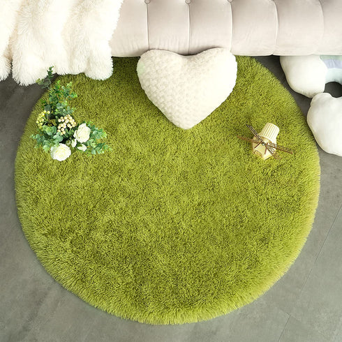 Chicrug Fluffy Round Area Rugs for Girls Bedroom, 4x4 Feet Shaggy Circle Area Rug for Living Room, Soft Fuzzy Carpets for Princess Room, Cute Rug Kids Circular Playmats for Baby Nursery Home, Green