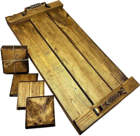 Generic 20inchx10inch Wooden Serving Tray, Rustic Decorative Ottoman Tray with 6 Wooden Coasters, Farmhouse Kitchen Decor, Serving Tray, Wooden Trays for Coffee Table, Decorative Tray,Brown