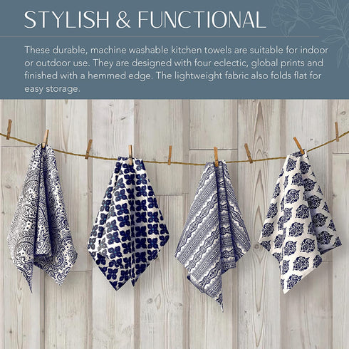 Elrene Home Fashions Everyday Casual Prints Assorted Kitchen Towels, Cotton Dish Towels, 17 Inches by 28 Inches, Indigo Blue, Set of 4