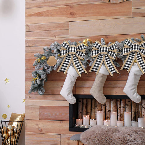 cprocx 4 Pieces Black White Buffalo Plaid Bow,Rustic Burlap Crafts Wreath Bow, Wall Home Front Door Decorative Ornaments