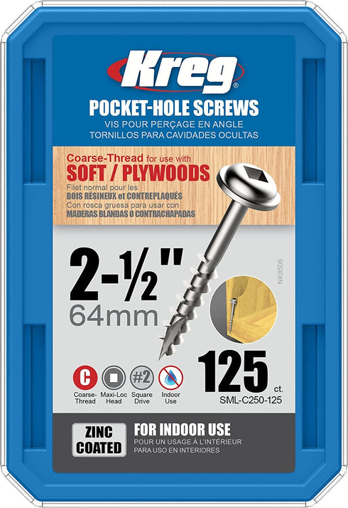 Kreg SML-C250-125 Pocket Screws, 2-1/2" #8 Coarse-Thread, Washer-Head (125 Count)