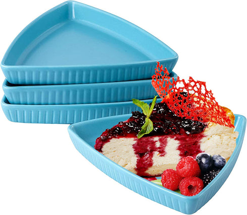 Bruntmor Porcelain 8" Triangle Plates Set Of 4 - Oven Safe Triangular Dish For Appetizer or Desserts Buffet Plates Restaurantware, Blue