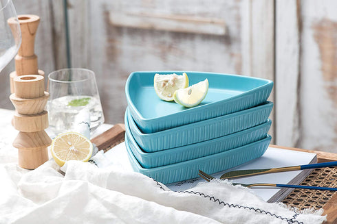 Bruntmor Porcelain 8" Triangle Plates Set Of 4 - Oven Safe Triangular Dish For Appetizer or Desserts Buffet Plates Restaurantware, Blue