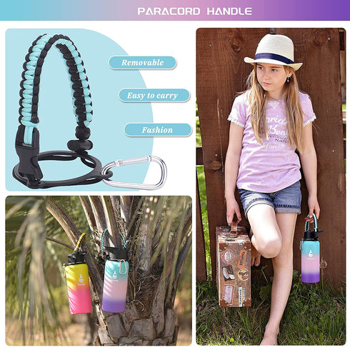 Farsea Insulated Water Bottle with Straw Lid & Spout Lid & Paracord Handle, Stainless Steel Water Bottle Wide Mouth, Double Wall Sweat-Proof BPA-Free, 32 oz, Gradient Mint + Pink + Purple