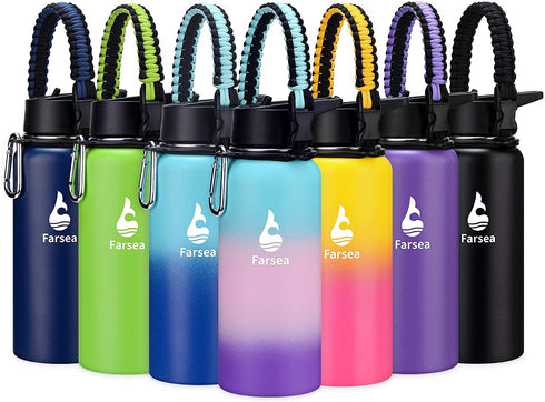 Farsea Insulated Water Bottle with Straw Lid & Spout Lid & Paracord Handle, Stainless Steel Water Bottle Wide Mouth, Double Wall Sweat-Proof BPA-Free, 32 oz, Gradient Mint + Pink + Purple