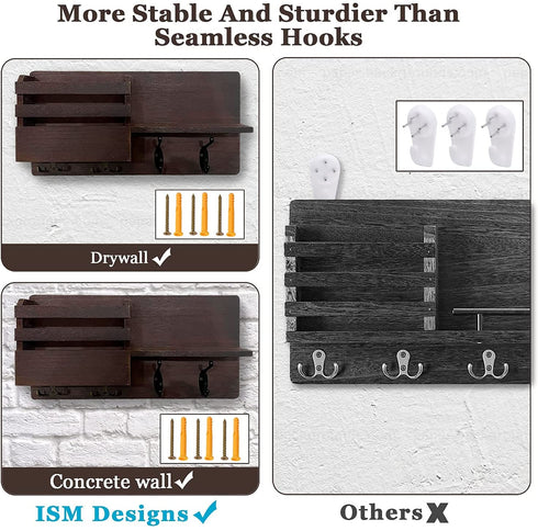 ISM Designs Key Hangers for Wall Decor - Mail and Holder with Shelf Organizer Hooks, Rustic Brown, 16 Inch x 8