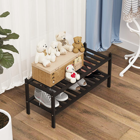 Dranixly Shoe Rack, 2-Tier Bamboo Stackable Shoe Shelf Storage Organizer, Shoe Stand for Closet, Entryway, Hallway, Bathroom and Living Room?Black?