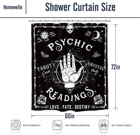 Homewelle Gothic Psychic Goth Shower Curtain 60Wx72L Inch Spooky Moth Tarot Halloween Ouija Hands Palmistry Reading Witch Cool Palm Hippy Mysterious Whimsy Edgy Polyester Fabric Bathtub Bathroom Decor