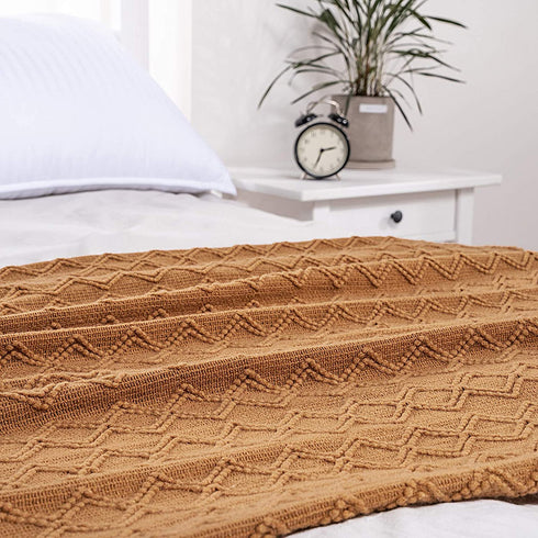 Throw Blanket for Couch Textured Knitted Blanket with Tassels Cozy Woven Boho Brown Bed Blanket for Sofa Bed Chair Diamond Pattern 50x60 Inches MIULEE