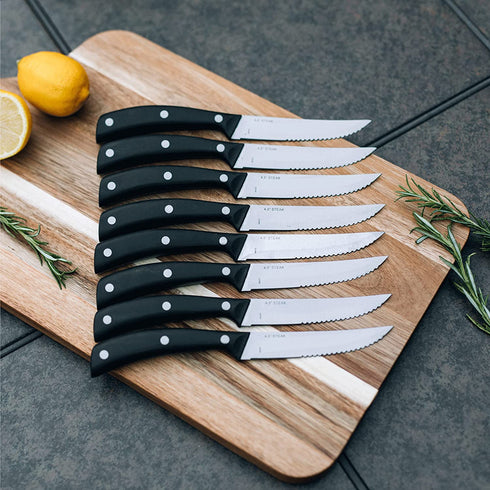 Emeril Lagasse Steak Knife Set of 8, 4.5? Stainless Steel Serrated Blades, Premium Kitchen Steak Knife Set with Black Handles