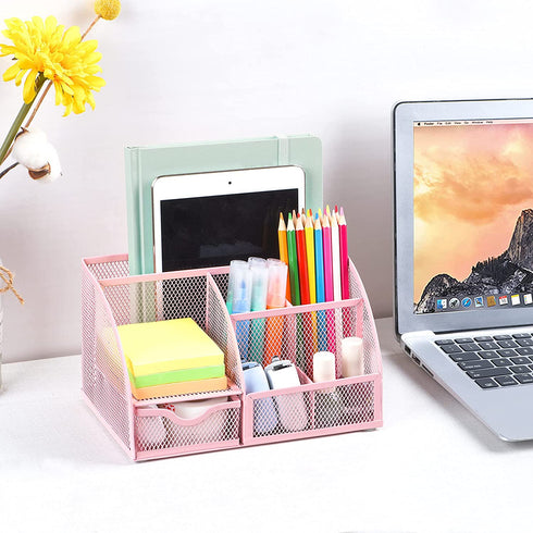 Pink Desk Organizer for Women, Mesh Office Supplies Cute Stationary Organization Office Accessories Essentials Caddy with Drawer for Home & Office Desktop & Decor& Kitchen