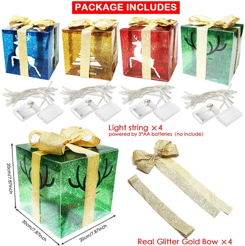 4 Christmas Lighted Gift Boxes and 80 LED Light Decorations, Xmas Tree Reindeer Lit Present Box with Glitter Bows for Indoor Home Party Decor