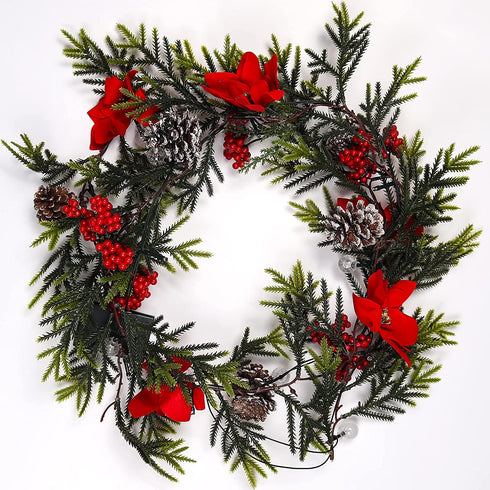 RECUTMS Christmas Garland with Lights Pine Cone Garland Lights Xmas LED Garland for Home Fireplace Mantel Holiday Party Decorations ?Red Flower?