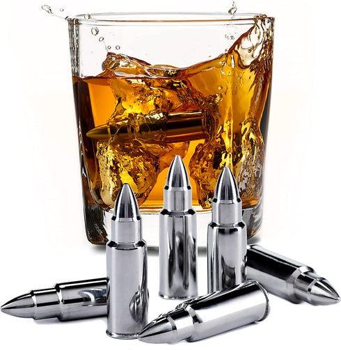 Stainless Steel Bullet Shaped Whiskey Stones Set of 6 - Chilling Rocks - Ice Stones With Tongs And Freezer Pouch, Gift Idea for Whiskey Lovers. Premium Gift For Him.