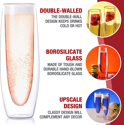 Glass Champagne Flutes - Set of 2 - Stemless Sparkling Wine Glasses - 5 oz - Mimosa Wine Flute For Weddings Bridesmaid Party and Bridal Showers -Eparé