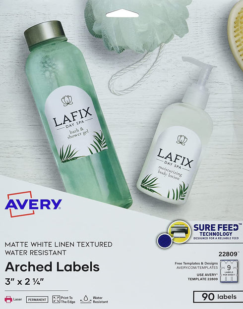 Avery Arched Labels with Sure Feed for Laser Printers, Water Resistant, 3" x 2.25", 90 Labels (22809)