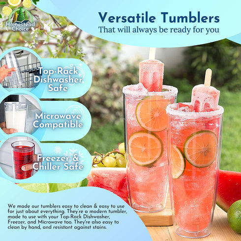 Insulated Tumblers 2-pack 26 oz Made in USA Great for Iced Coffee & Hot Drinks, Clear Double Wall Plastic Tumbler Cups, Microwave, Freezer & Top Rack Dishwasher Safe Reusable Cups by Homestead Choice