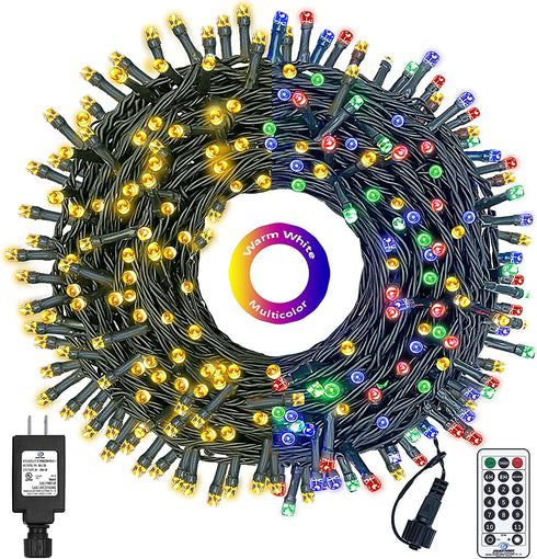 COLCOW 300 LED Color Changing Christmas String Lights Indoor Outdoor, 108ft Warm White Mixed Multicolor 11 Modes Fairy Lights, Connectable Waterproof Christmas Tree Lights with Timer Remote