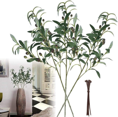 Artificial Plants Greenery Olive Branches Stems Fake Plants Green Leaves Fruits Branch Leaves for Home Office ndoor Outside DIY-Wreath Decor 28-Inch (3pcs)