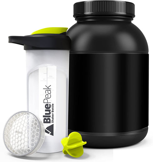 BluePeak Protein Shaker Bottle 28 oz with Dual Mixing Technology, Strong Loop Top, BPA Free, Shaker Balls & Mixing Grids Included - On-The-Go Large Protein Shakers (3 Pack - Yellow, Blue, Black)