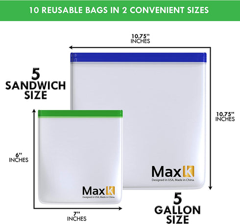 Max K Reusable Sandwich and Gallon Freezer Bags - Travel Food Containers for Fruits, Bread and Veggies - Transparent, Leak-Proof - Resealable PEVA Lunch Bag - Portable, Airtight Pouch - 10 Pack