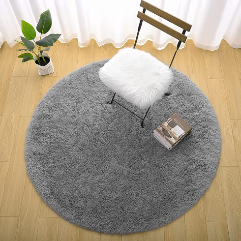 Chicrug Fluffy Round Area Rugs for Girls Bedroom, 4x4 Feet Shaggy Circle Area Rug for Living Room, Soft Fuzzy Carpets for Princess Room, Cute Rug Kids Circular Playmats for Baby Nursery Home, Grey