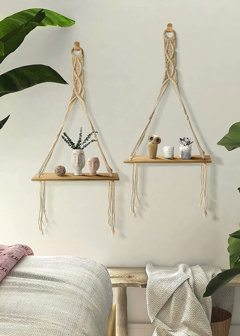 MAZJOARU Macrame Wall Hanging Shelves Bohemian Handmade White Cotton Rope Sturdy Wooden Floating Shelf Decor Storage for Plants Photo Frame for Bathroom Bedroom Living Room-1 Tier Set of 2