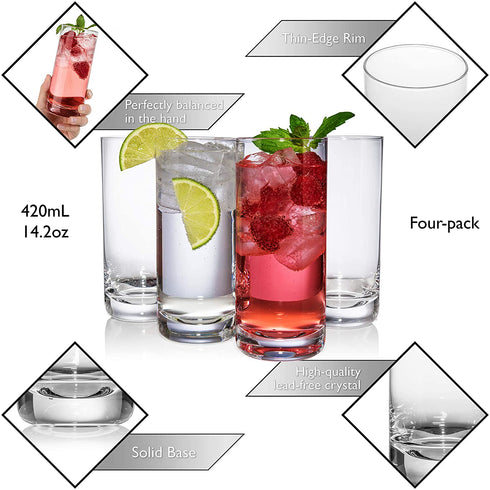 JoyJolt Stella Crystal Highball Glasses Barware Collins Tumbler for Water, Juice, Beer, and Cocktail (Set of 4)-14.2-Ounces