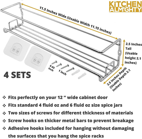 Spice Racks Organizer For Cabinet Door Mount, Wall Mounted: Unique Racks Design to Secure Jars - Set of 4 Spices & Seasoning Chrome Hanging Shelf Kit - Storage in Kitchen, Pantry, Cupboard, Countertop