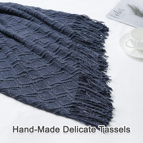 PHF Acrylic Knit Throw Blanket 50 x 60 inches, Lightweight Soft Cozy Decorative Woven Blanket with Tassels for Couch, Bed, Sofa, Chair, Home Travel, Suitable for All Seasons, Navy