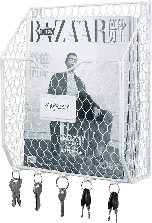 Superbpag Wall File Holder Hanging Folder Document Organizer Metal Chicken Wire Wall Mount Magazine Rack Mail Sorter for Home Office and Entryway, White