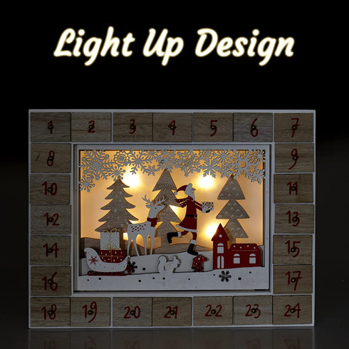 Clever Creations Wooden Christmas Advent Calendar, Countdown to Christmas, LED Holiday Decoration, Battery Operated, Red Winter Scene