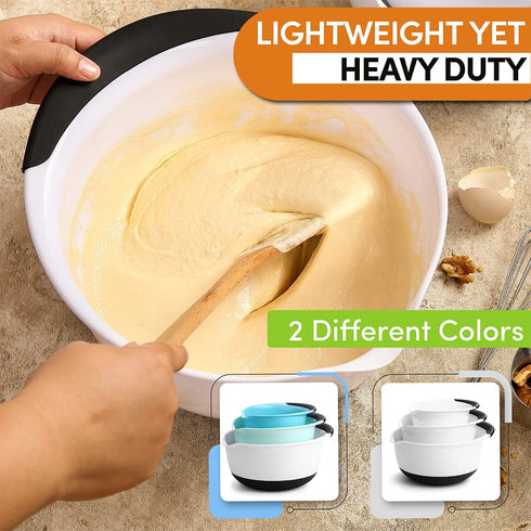 Spring Chef - Mixing Bowls with Soft Grip Handles, Prep Bowls for Baking and Cooking, Mixing Bowl with Pour Spout and Non-skid Bottom, Set of 3, Blue, Mint and White