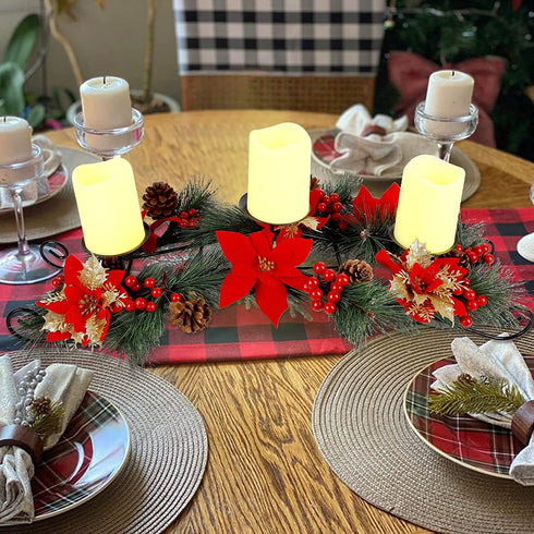 Prsildan 26 Inch Christmas Centerpiece Candle Holders Set, Christmas Tabletop Poinsettia Centerpiece with 3 Flameless Candles, Pinecones, Red Berries, Holiday Decorations for Table Mantel Xmas Party