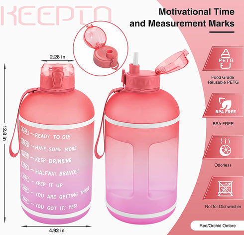 KEEPTO 1 Gallon Water Bottle with Straw-Motivational Water Jug with Time Marker