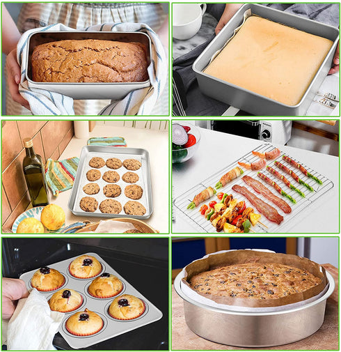 P&P CHEF Stainless Steel Small Baking Pan Set, 6-Piece Kitchen Bakeware Sets, Includes Oven Pan with Rack, Square/Round Cake Pan, Loaf & Muffin Pan, Easy Clean & Heavy Duty