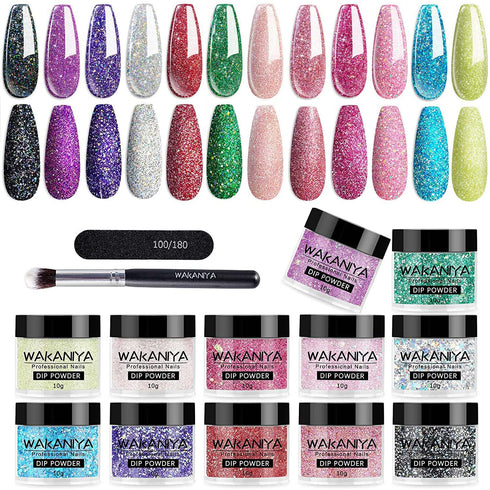 wakaniya Nail Dip Powder Set 12 Colors Glitter Pink Dipping Powder with Nail Brush and Nail File for Women Professional and Beginners Nail Art DIY Salon