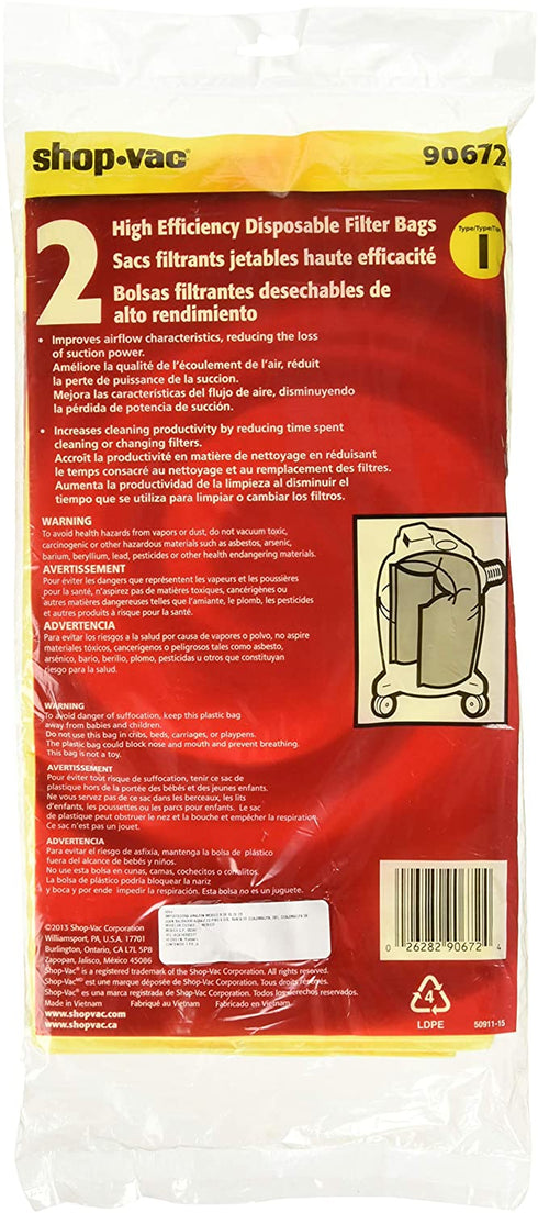 Shop-Vac 9067233, High-Efficiency Disposable Collection Filter Bags, Fits 10-14 Gallon Tanks, (2-Pack)