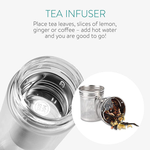 Navaris Glass Water Bottle with Tea Infuser - Double Walled Borosilicate Glass Travel Tumbler with Bamboo Lid - 15.2oz (450ml), Flower of Life Design