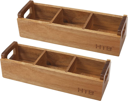 Small Wooden Tea Bag Box 2PCS by HTB, 3 Compartments Acacia Wood Tea Bag Chest with Handle, Mini Countertop Divided Storage Container for Beverage Supplies, Sugar, Sweeteners, Individual Packets
